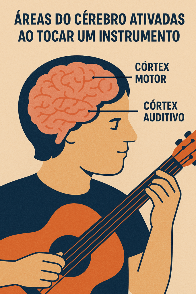 Infográfico mostrando áreas do cérebro ativadas ao tocar violão, com destaque para o córtex motor e auditivo